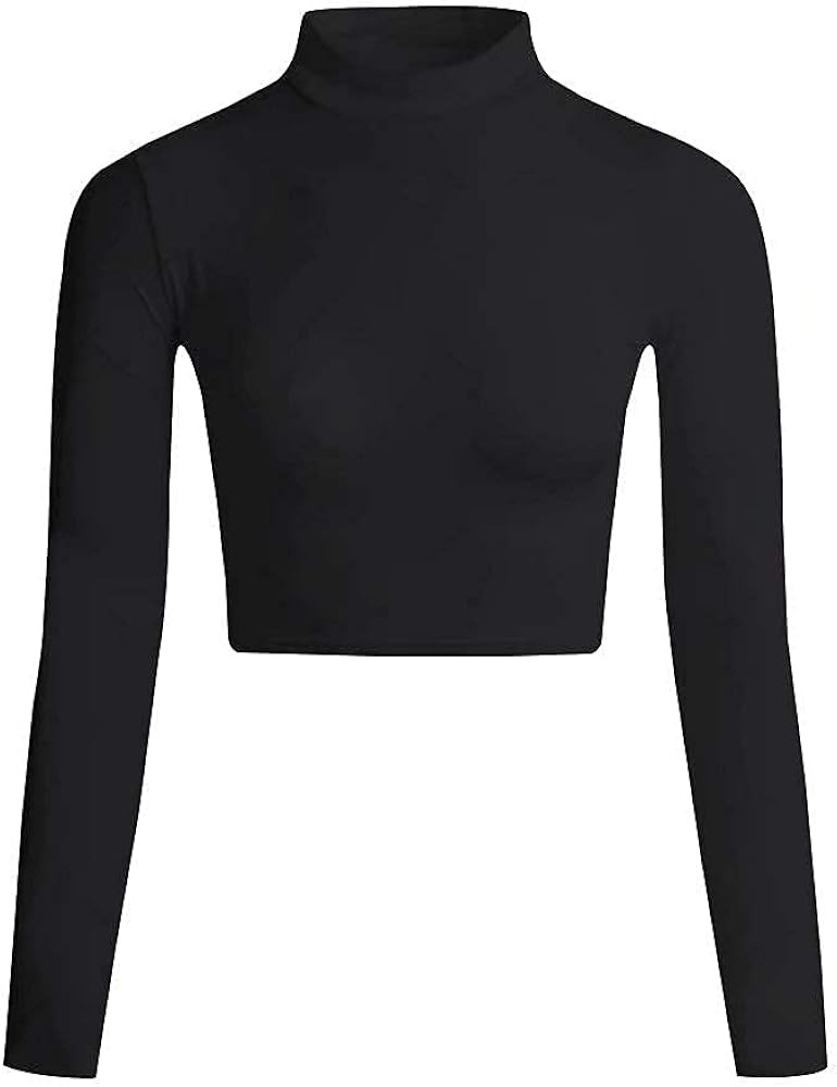 LONGBIDA Women's Long Sleeve Mock Neck Pure Soft Thin Sexy Stretch Crop TOP T Shirt | Amazon (US)