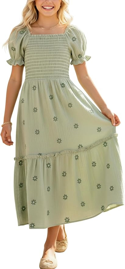 Sunny Spirit Girls Maxi Dress Tween Dresses for Girl Spring Summer Boho Floral Short Puff Sleeve ... | Amazon (US)