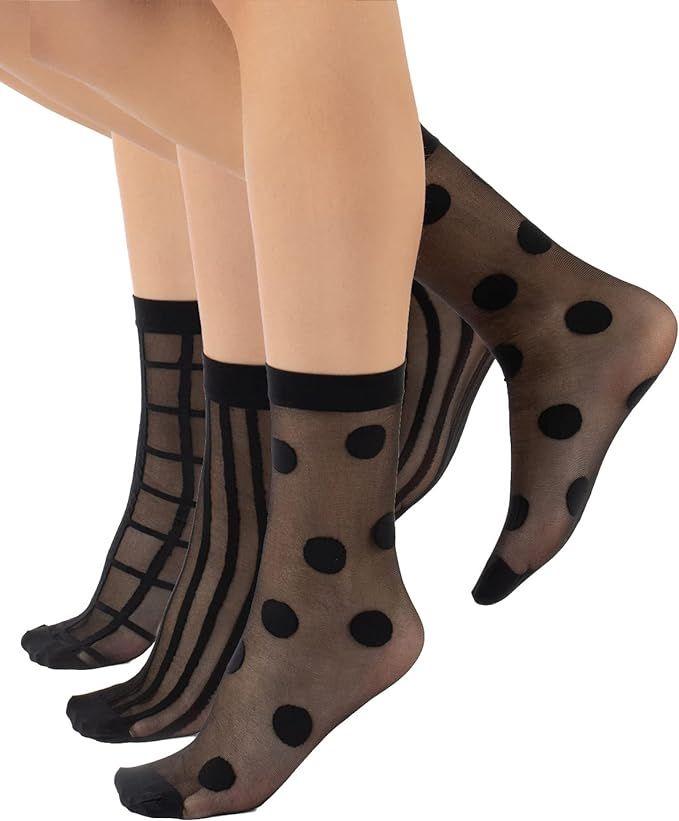 CALZITALY 3 Pairs Women Pop Socks, Sheer Everyday Ankle Socks in 3 Different Designs: Dots, Strip... | Amazon (US)