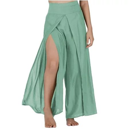 JGTDBPO Wide Leg Pants For Women Solid Cotton Hemp Loose Pants Elastic Waist Split Pants Palazzo Pan | Walmart (US)