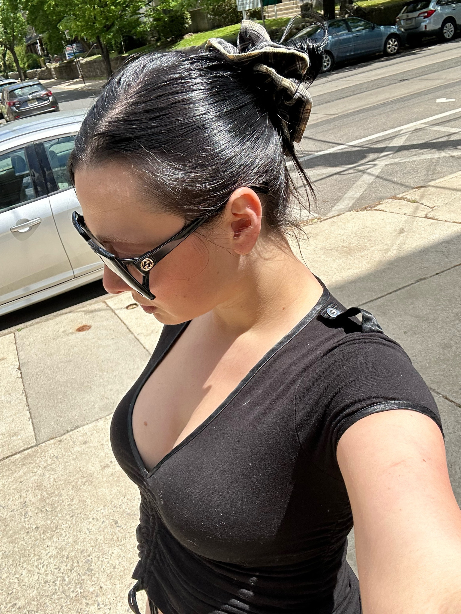 little lazy sunday pup walk. wearing my favorite oversized gucci glasses - i love big glasses always. top is thrifted. i’ve also been loving big scrunchies to throw on a quick bun when i get out of the shower. this one is old urban outfitters! 

#LTKdayinmylife