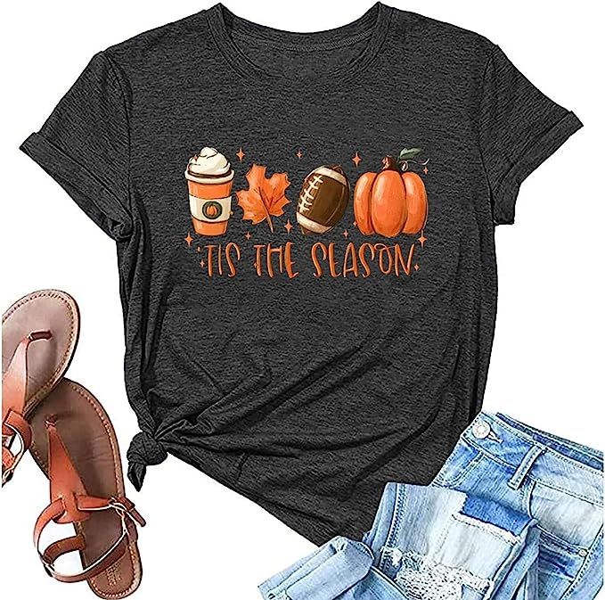 Halloween Pumpkin Shirt Women Plaid Leopard Graphic Tees Funny Cute Short Sleeve Fall Shirt Thank... | Amazon (US)