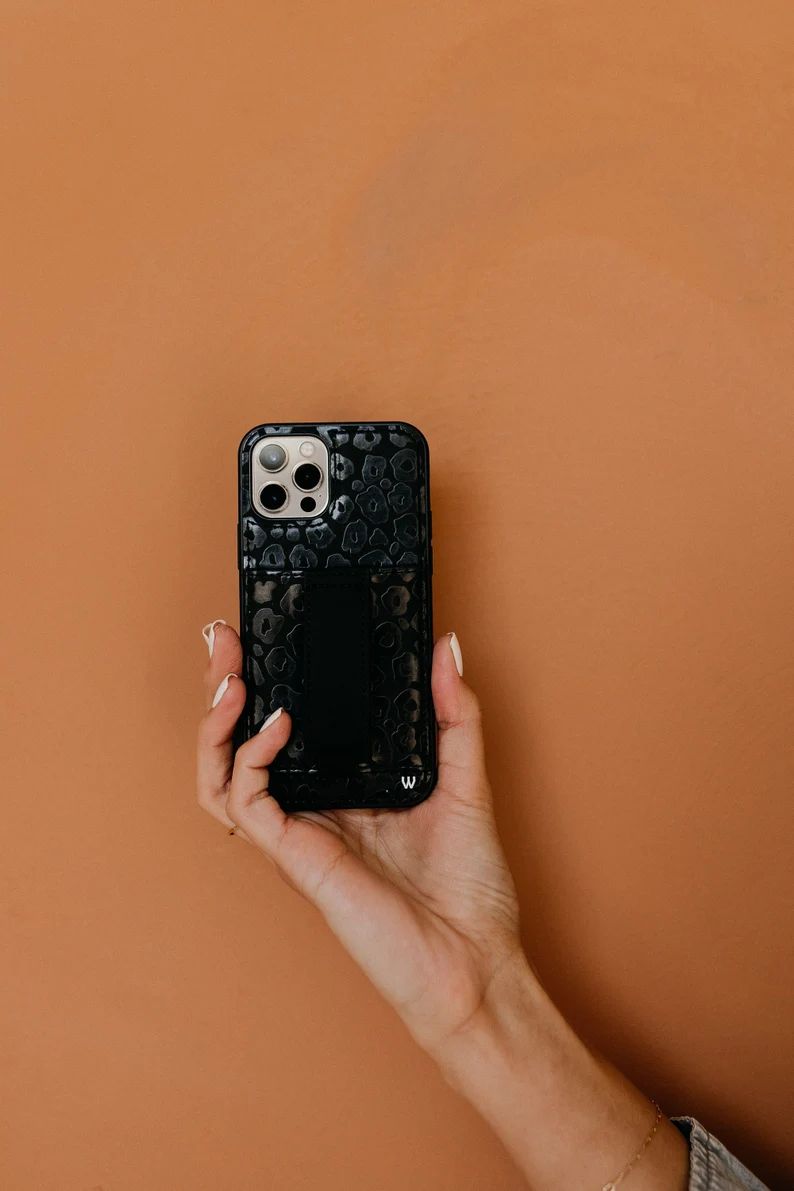 Vegan Leather iPhone and Samsung Case with Card Holder, Finger Loop, Adjustable Kickstand |  - Bl... | Etsy (US)