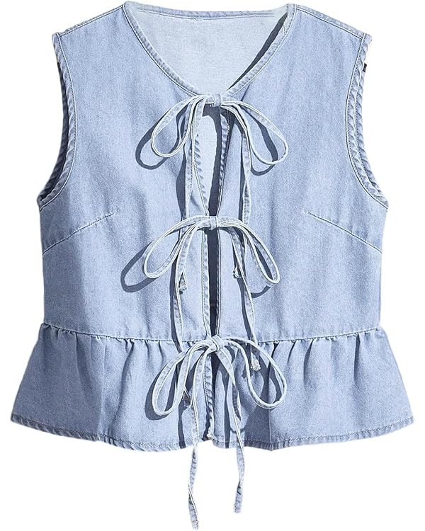 Women's Tie Front Denim Vest Sleeveless Peplum Top Ruffle Hem Jean Waistcoat | Amazon (US)