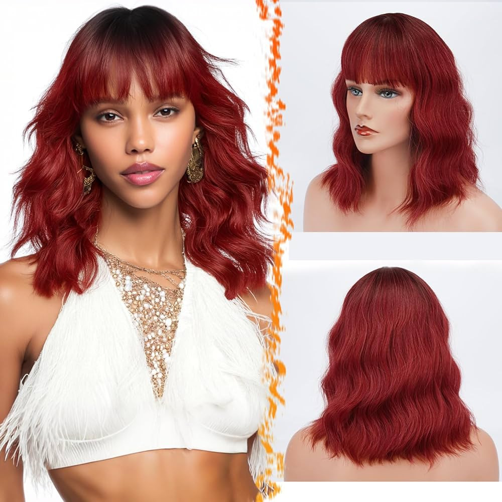 BARSDAR Short Wavy Ombre Red Wig with Bangs - 14 Inch Short Wavy Bob Wig with Bangs for Women - V... | Amazon (US)