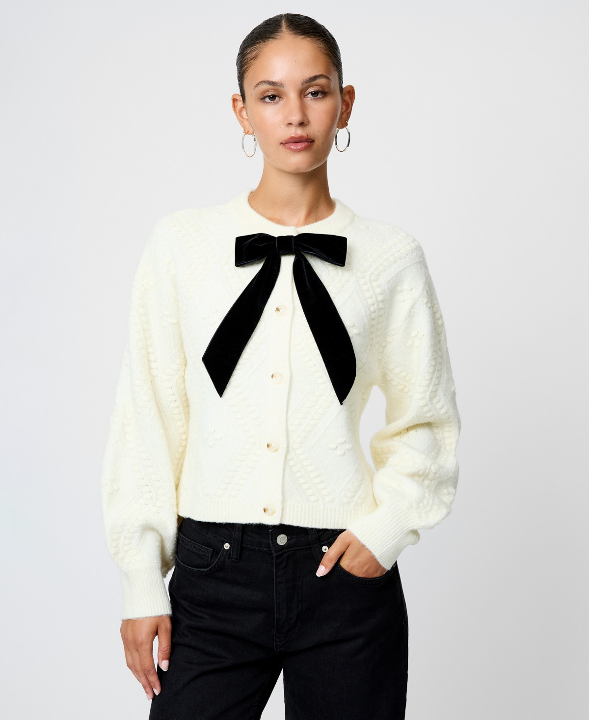 French Connection Women's Long-Sleeve Bow Detail Sweater - Porcelain Cream Black | Macy's