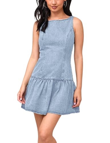Omoone Women's Sleeveless Denim Mini Dress Boat Neck Ruffle Hem Stretchy Slim Fit Jean Dress for ... | Amazon (US)