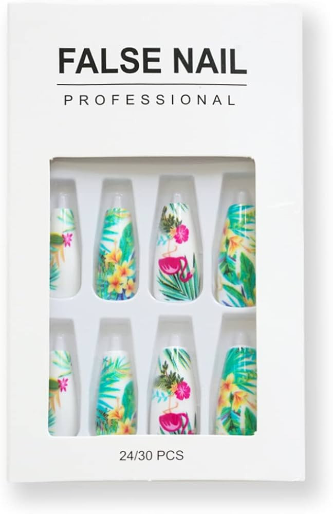 Tropical Press on Nails, 24 Pcs Long Coffin Fake Nails, Flower Leaf Designs Spring Summer Glue on... | Amazon (US)