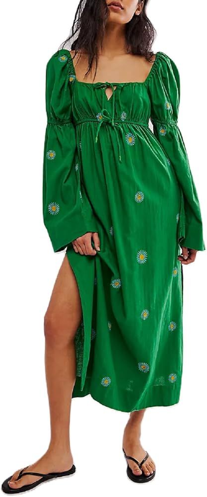Argeousgor Women 2024 Bohemian Floral Dress Square Neck Ruffle Swing A Line Maxi Dress Long Sleev... | Amazon (US)