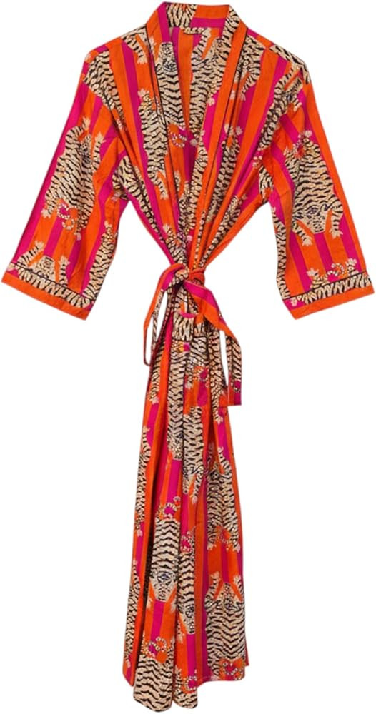COTSILER Cotton Block Print Kimono Robe for Women Long Bathrobe with Belt & Pockets For Summer Li... | Amazon (US)