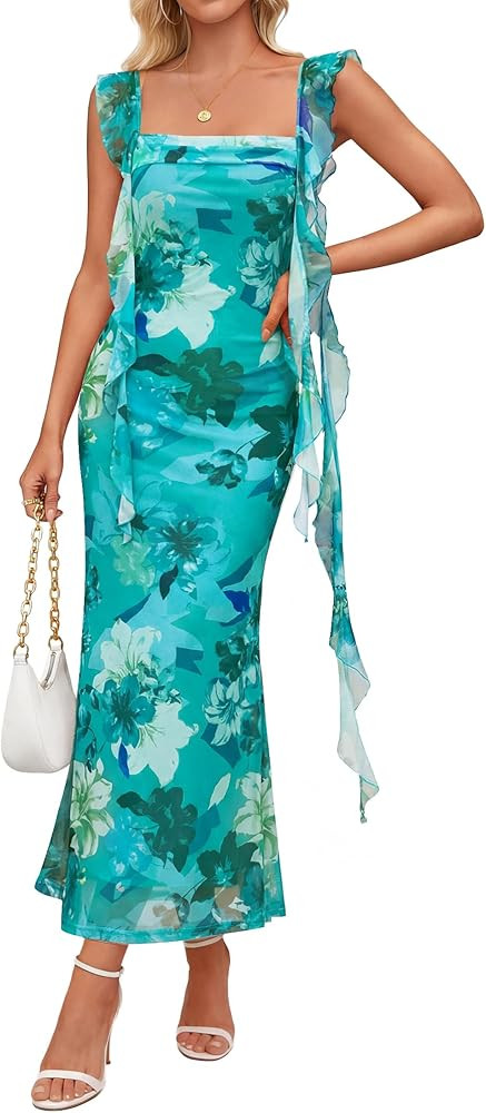 ZESICA Women's Summer Floral Maxi Dress 2026 Boho Sleeveless Square Neck Bodycon Mesh Wedding Gue... | Amazon (US)