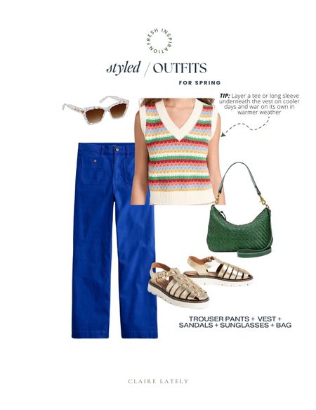 Styled outfit idea from the Spring Closet checklist - trouser pants, sandals, bag, sweater vest, sunglasses 

Download the free guide over on CLAIRELATELY.com 👉🏼

#LTKshoecrush #LTKitbag #LTKSeasonal