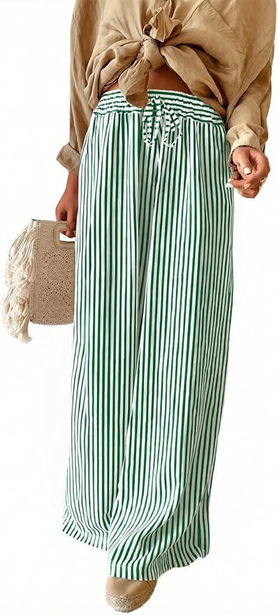 Women Casual Drawstring Elastic Waist Striped Wide Leg Pants with Pockets, S-XXL | Amazon (US)