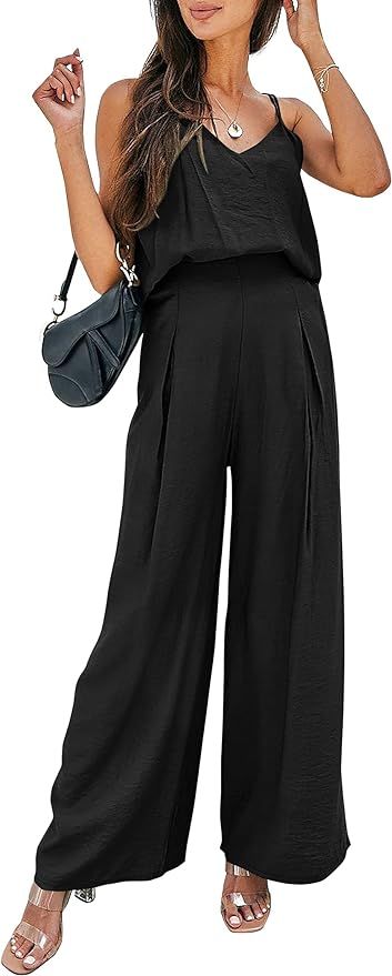 PRETTYGARDEN Women's Summer 2 Piece Set Sleeveless V Neck Cami Top Wide Leg Pants Loose Fit Casua... | Amazon (US)