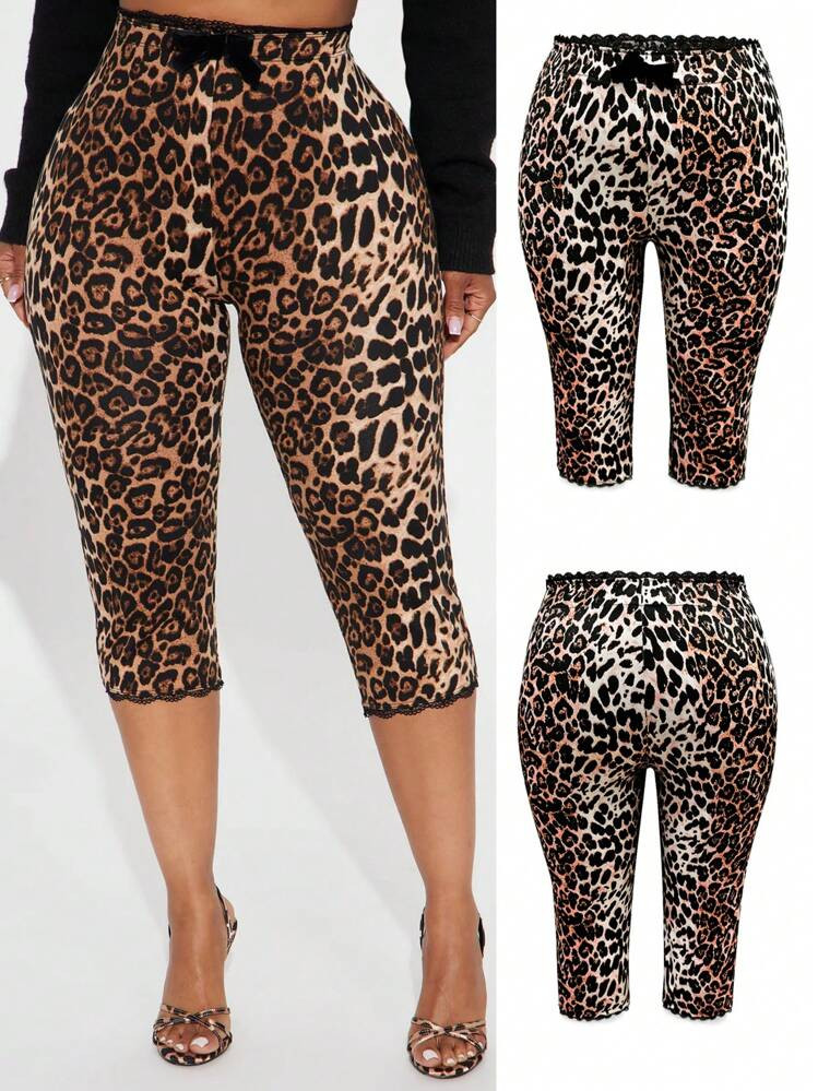 Plus Size Women Lace Patchwork Leopard Print Leggings | SHEIN