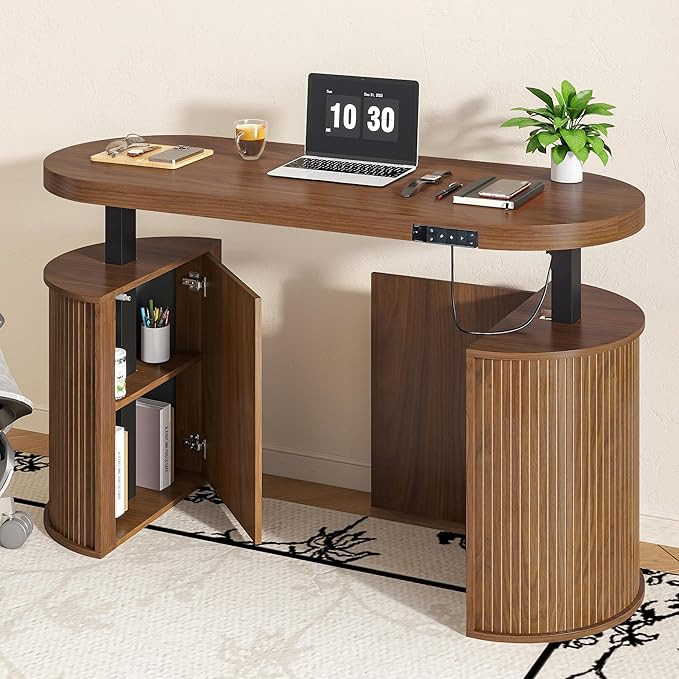 Mid Century Modern Electric Standing Desk with Storage, 55 x 22 Inch Small Sit Stand Up Desk, Woo... | Amazon (US)