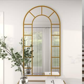 Litton Lane 60 in. x 32 in. Window Pane Inspired Arched Framed Gold Wall Mirror with Arched Top 7... | The Home Depot