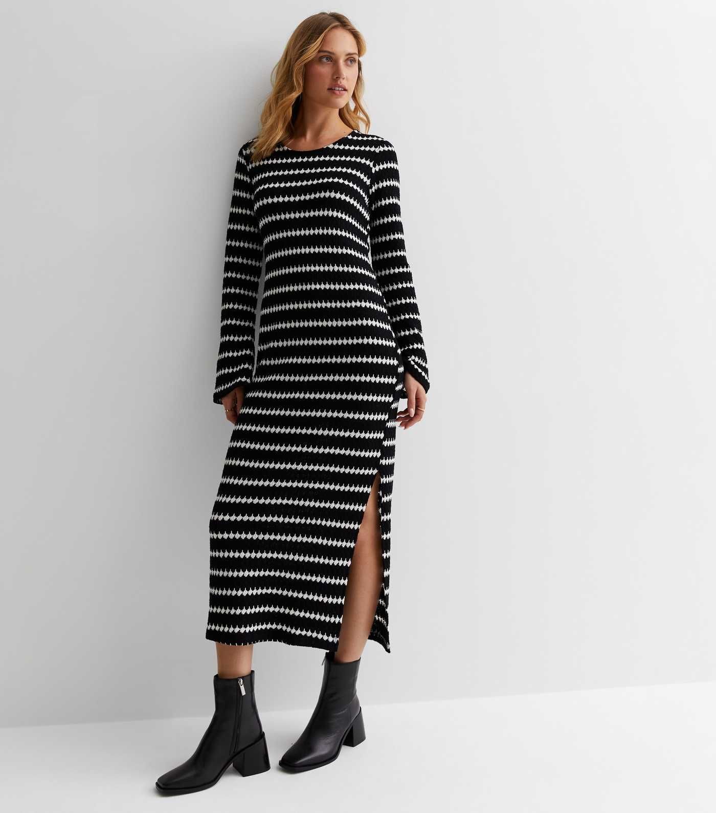 Black Stripe Knit Split Hem Midi Dress | New Look | New Look (UK)