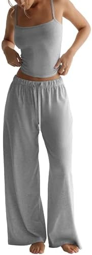 Women's 2 Piece Pajama Lounge Set Summer Matching Lounge Sets Spaghetti Strap Tank Top Comfy Wide... | Amazon (US)