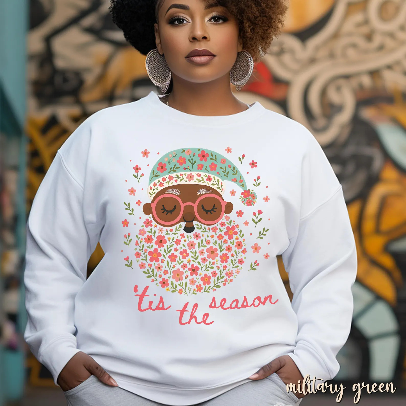 Pink Floral Black Santa Sweatshirt: Trendy Christmas Crewneck Gift - Etsy | Etsy (US)