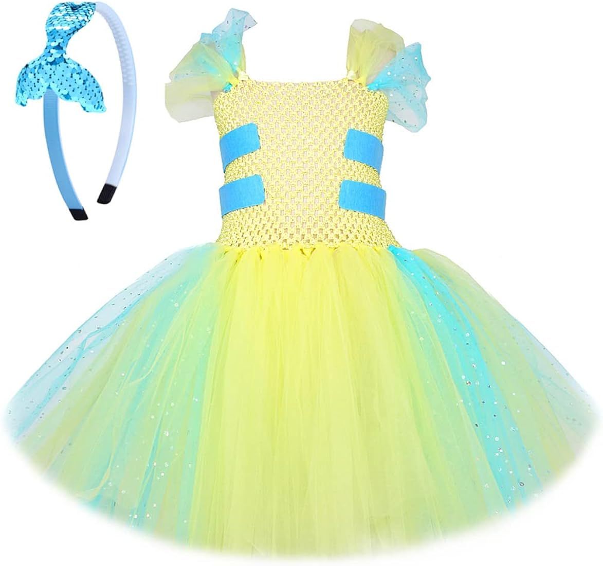 Kids Girls Halloween Costume Flounder Tutu Dress with Headband Toddler Mermaid Cosplay Birthday Outf | Amazon (US)