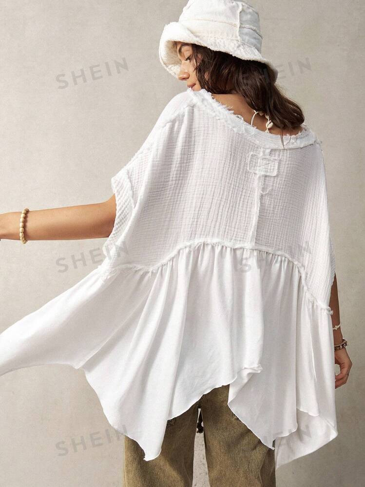Bohemela Vacation Loose Fit Asymmetrical Hem White Women's Shirt With Patchwork Design | SHEIN