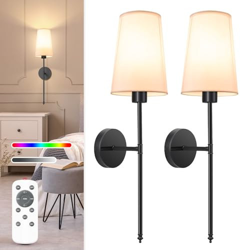 NIORSUN Black Battery Operated Wall Sconce Set of 2,Rechargeable Wall Lights with 5200mAh Dimmable Detachable Bulbs and Remote,9 Colors Wireless Sconces for Bedroom Living Room Hallway | Amazon (US)