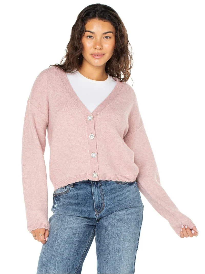 Celebrity Pink Women's Scalloped Hem Jewel Button Cardigan Sweater with Long Sleeves, Sizes XS-XX... | Walmart (US)