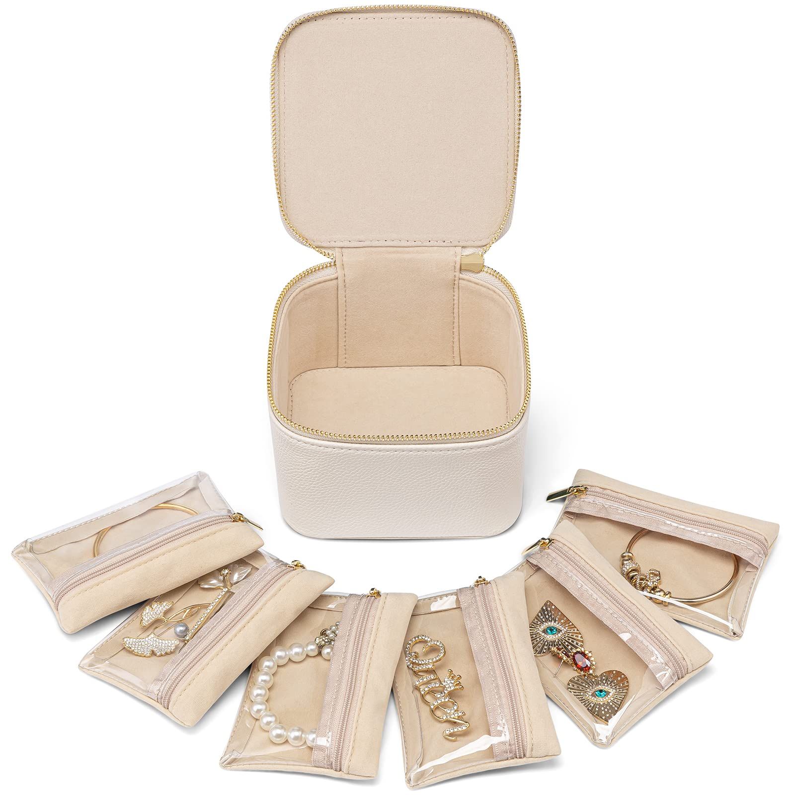 Vlando Small Jewelry Box Organizer,Travel Jewelry Storage with 6 Velvet Jewelry Zipper Pockets,Pr... | Amazon (US)