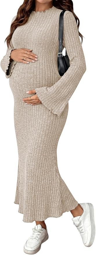 BLENCOT Maternity Dresses Bell Sleeve Pregnancy Bodycon Sweater Dress | Amazon (US)