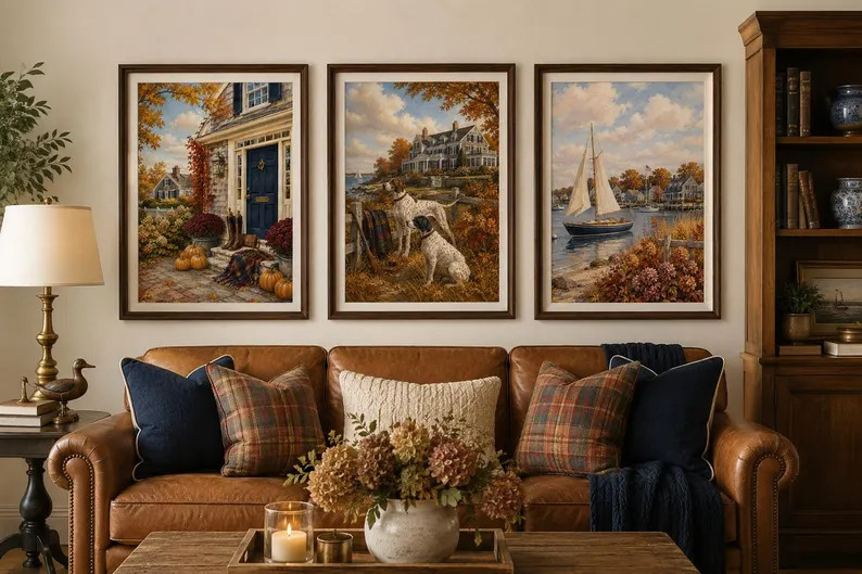 Fall Coastal Wall Art Set of 3, Nantucket Prints, New England Autumn Decor, Preppy Coastal Wall A... | Etsy (Global)