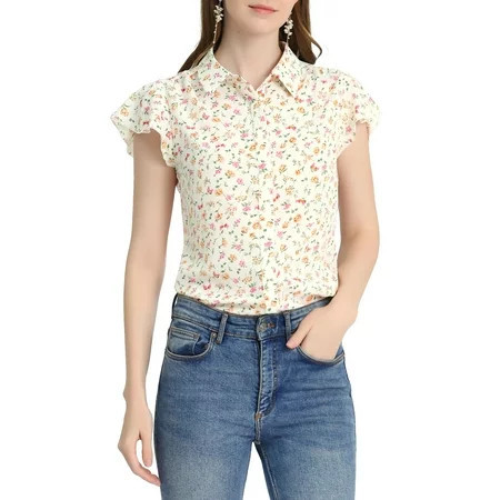 Unique Bargains Women s Floral Blouse Point Collar Short Sleeve Button Up Shirt | Walmart (US)
