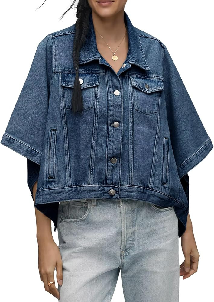 Tankaneo Womens Jean Jacket Oversized Cropped Short Sleeve Cotton Denim Jacket Fall Trendy Cape O... | Amazon (US)
