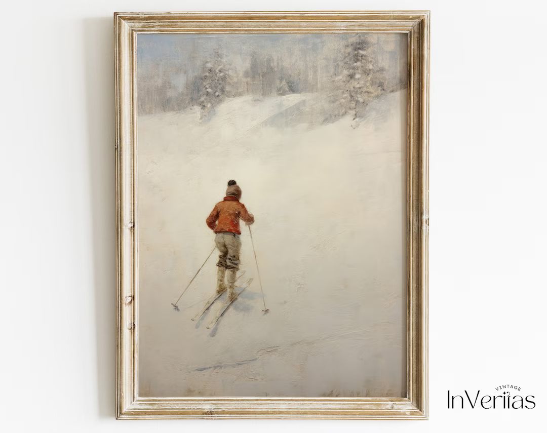 Boy on Skiers Vintage Winter Painting Cozy Vintage Cottage - Etsy | Etsy (US)