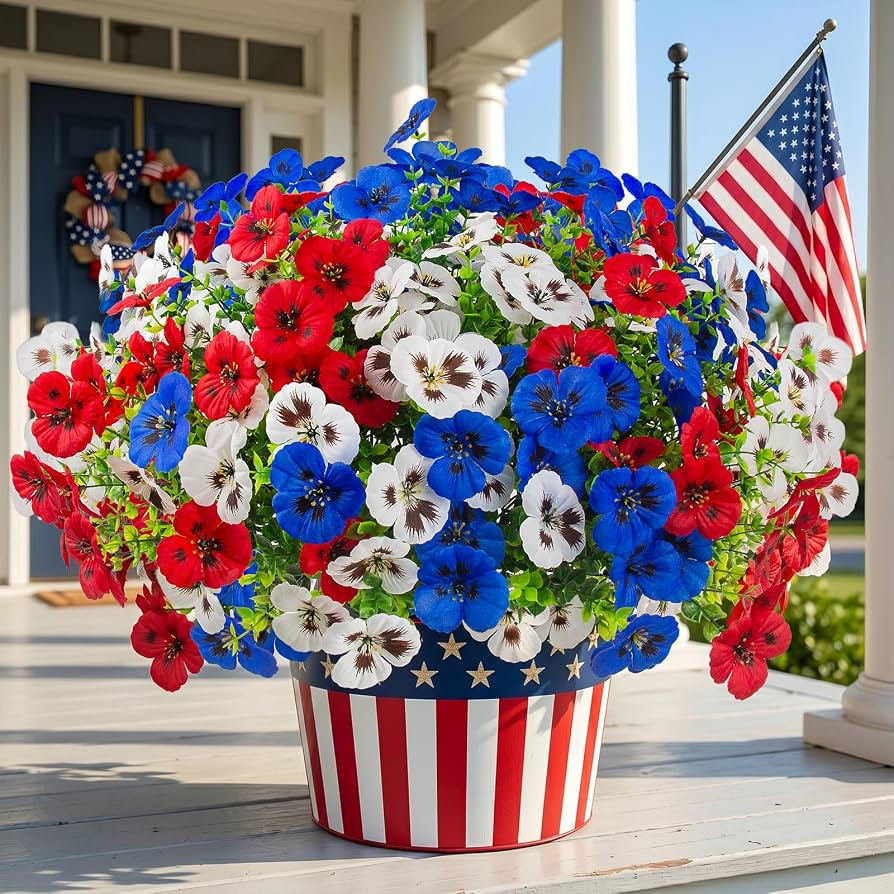 18 Pcs Artificial Fake Pansy Flowers for Outdoor, UV Resistant Faux Silk Pansies Patriotic Flower... | Amazon (US)