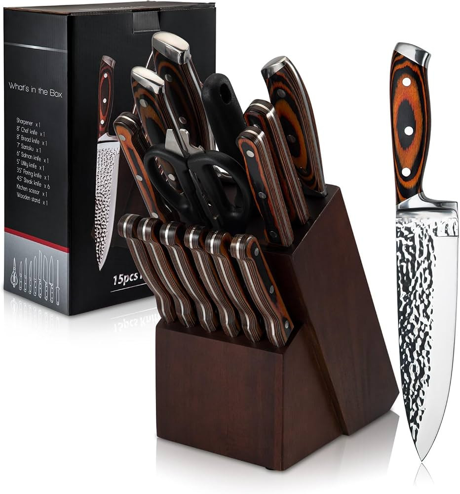 Kitchen Knife Sets with Block, 15-Piece High Carbon Stainless Steel Knife Block Set with Sharpene... | Amazon (US)