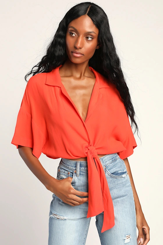 Always Real Coral Red Short Sleeve Tie-Front Top | Lulus (US)