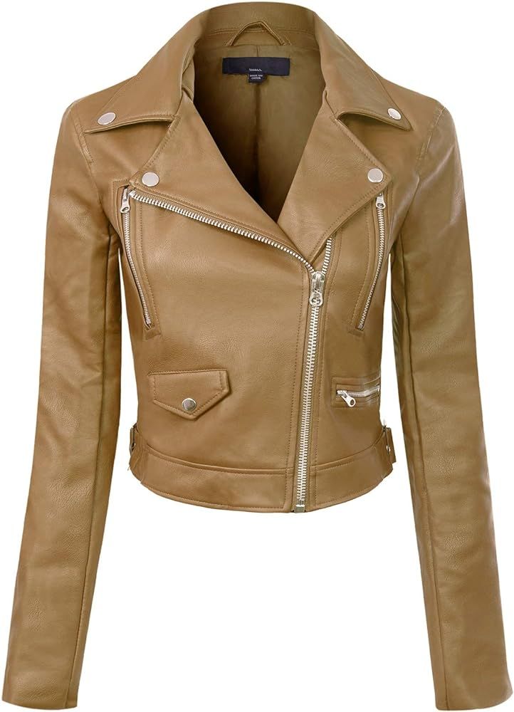 Design by Olivia Women's Long Sleeve Zipper Closure Moto Biker Faux Leather Jacket | Amazon (US)