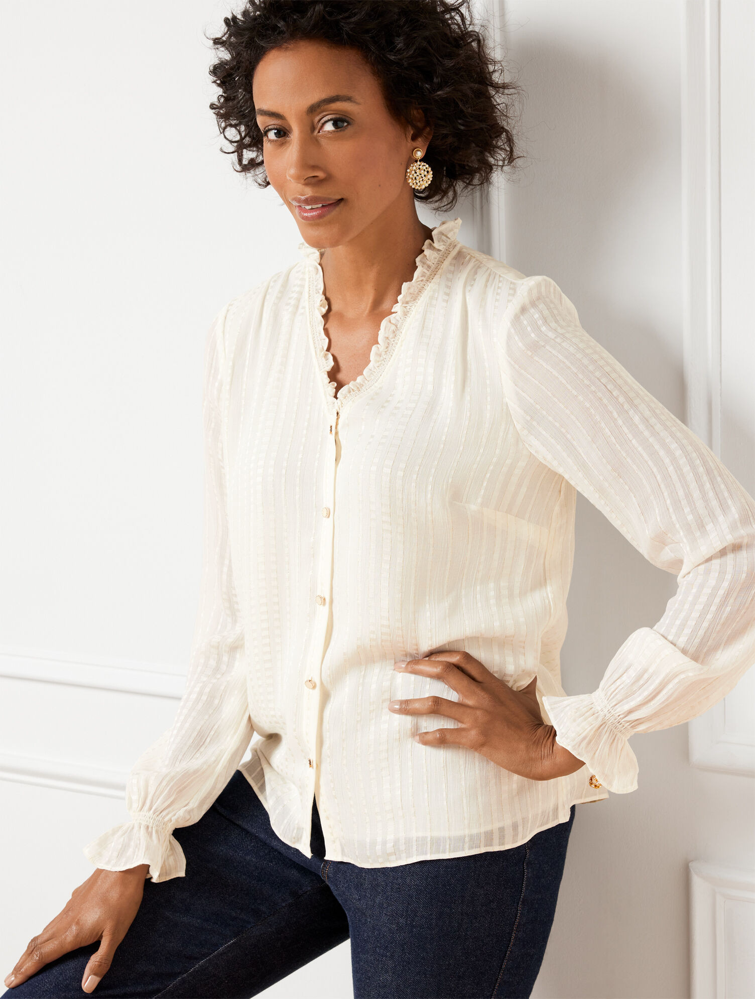 Ruffle Neck Top - Metallic Stripe | Talbots