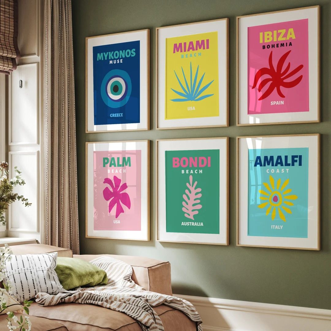 Set of 6 Travel Famous places prints | Ibiza Miami Mykonos Amalfi Bondi Palm Beach Gallery-Preppy... | Etsy (US)