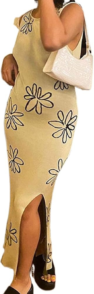 NUFIWI Print Knit Bodycon Dress for Women Y2K Green Hollow Out Midi Dresses Sleeveless 2021 Summe... | Amazon (US)