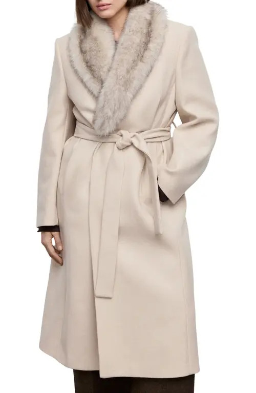 MANGO Manteco Longline Trench Coat with Removable Faux Fur Collar in Light Ivory/pastel Grey at Nordstrom, Size Medium | Nordstrom