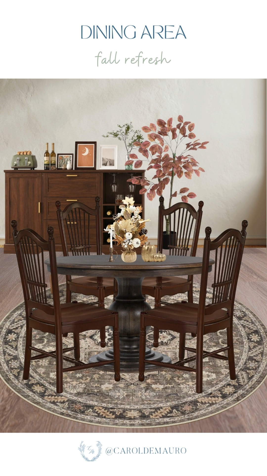 This dining area is so warm and welcoming for fall! The round table, wood chairs, and layered sideboard styling make the whole space feel pulled together.

dining room inspo, fall refresh, dining table styling, autumn home decor, home styling idea, amazon home, pottery barn

#LTKHome