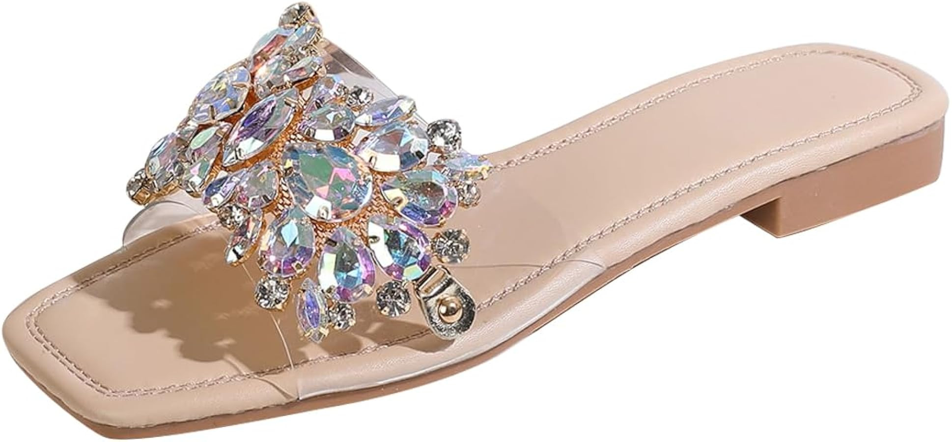 Verdusa Women's Rhinestone Clear Flat Sandals Square Toe Slide Sandals | Amazon (US)