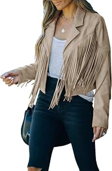 Women Vintage Faux Suede Tassel Cropped Jacket Long Sleeve Fringe Coat Hippie Motorcycle Biker Ja... | Amazon (US)