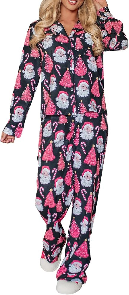 Faretumiya Women Silk Satin Christmas Pajamas Xmas Long Sleeve Sleepwear Holiday Print Two Piece ... | Amazon (US)
