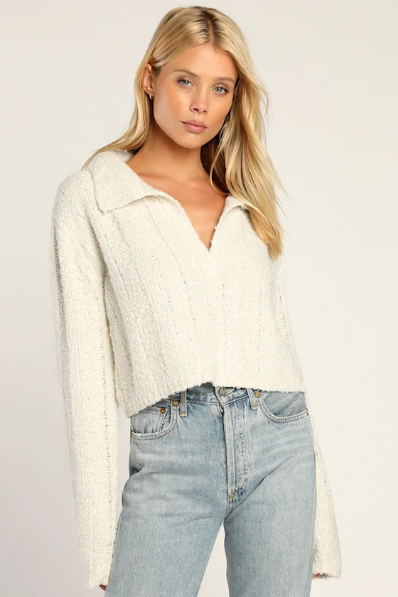 Plush Comfort Ivory Long Sleeve Collared Cropped Sweater Top | Lulus (US)