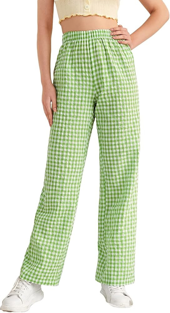 SOLY HUX Women's Casual Gingham Relaxed Fit Elastic High Waisted Straight Wide Leg Y2K Trousers P... | Amazon (US)
