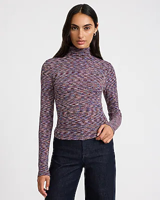 Express Women's Fitted Ribbed Marbled Mock Neck Long Sleeve T-Shirt in Blue XS | Express
