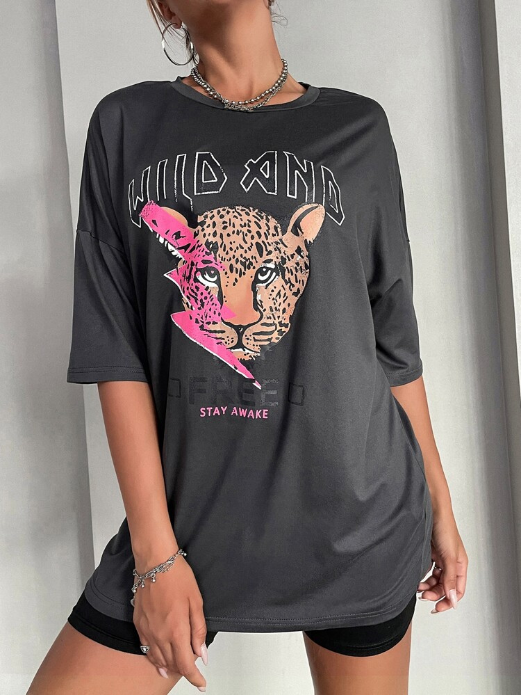 SHEIN EZwear Leopard & Slogan Graphic Drop Shoulder Tee | SHEIN